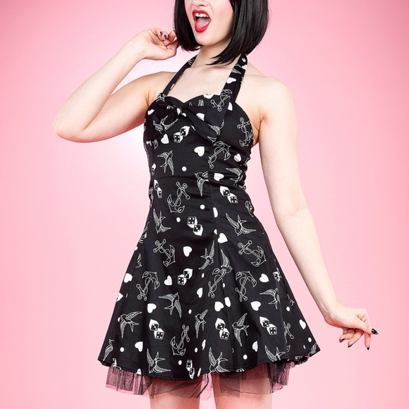 H&R London Tattoo Print Pin-Up Rockabilly Vintage-Inspired Swing Dress - Picture 1 of 12